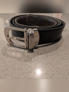 Mont Blanc Black Leather Belt with Branded Silver Buckle